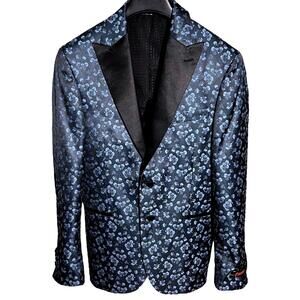 EGARA Mens (38 Short) Slim Fit Black/Blue Floral 2-Button Dinner Jacket - Lined